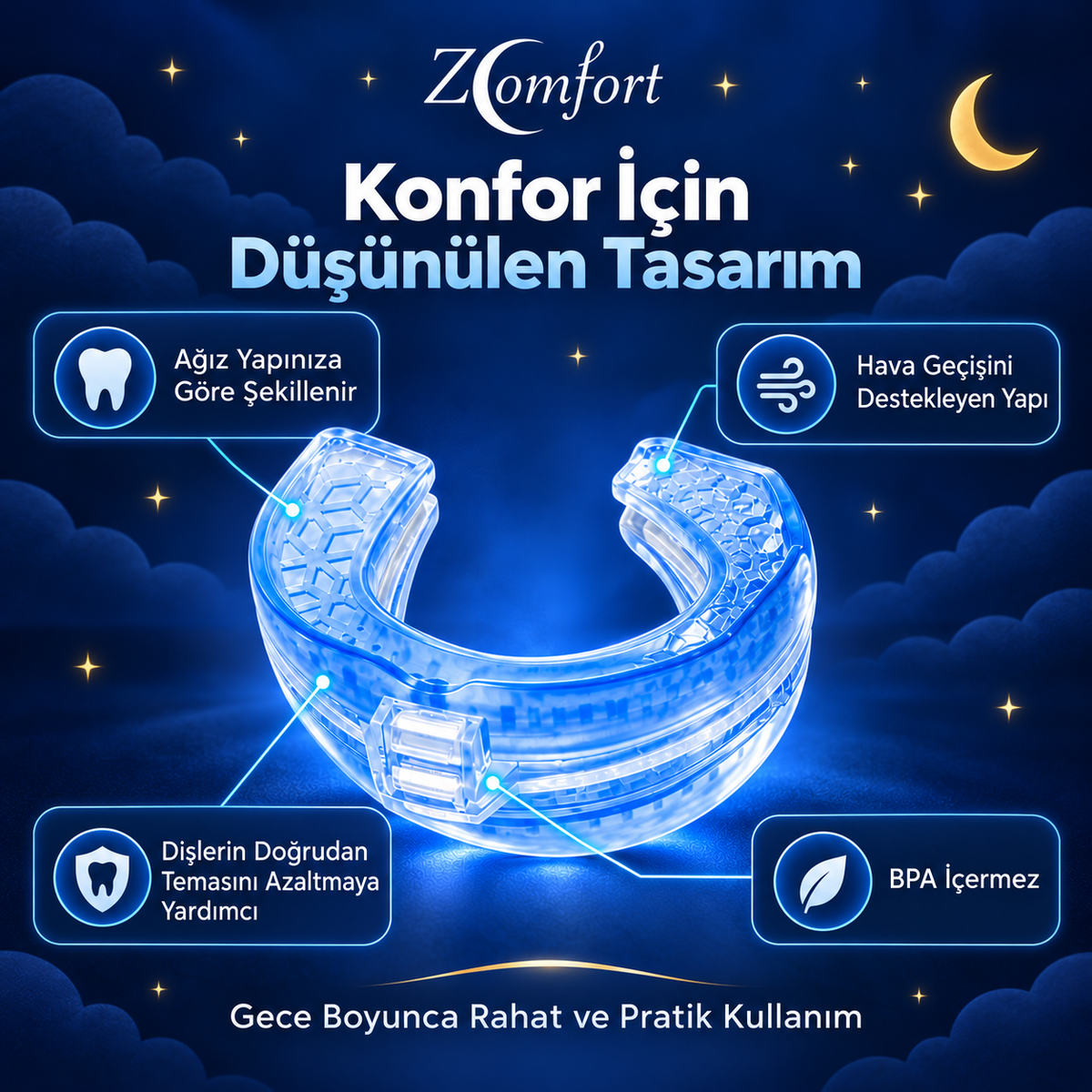 Horlamayı Azaltmaya Yardımcı Ayarlanabilir Gece Ağız Aparatı
